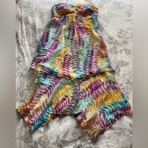 Y2K Silk Strapless Colorful Floral Tiered Midi Dress 8 Fairycore Whimsical Hoco